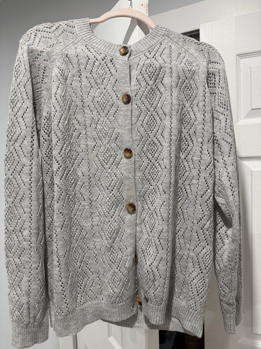 Source Unknown Light Gray Openwork Knit Button-Up Cardigan